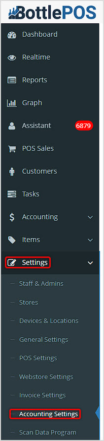 Image showing the Accounting Settings area of the Bottle POS Admin app's main menu.