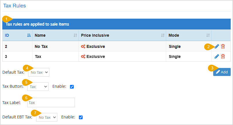 Image showing the Tax Rules area of the Accounting Settings page of the Bottle POS Admin with major features highlighted.