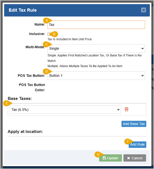 Image showing the Edit Tax Rule window of the Accounting Settings page of the Bottle POS Admin with major features highlighted.