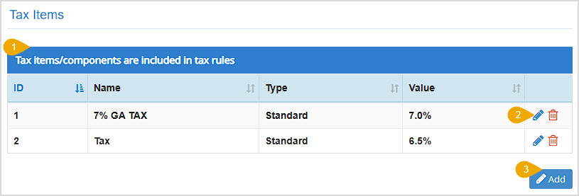 Image showing the Tax Items area of the Accounting Settings page of the Bottle POS Admin with major features highlighted.