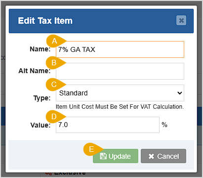 Image showing the Edit Tax Item window of the Accounting Settings page of the Bottle POS Admin with major features highlighted.