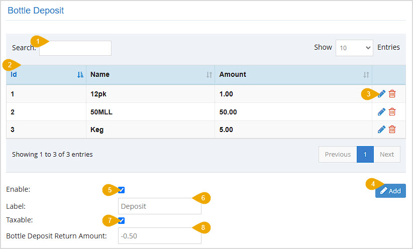 Image showing the Bottle Deposit area of the Accounting Settings page of the Bottle POS Admin with major features highlighted.