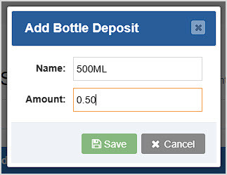 Image showing the Add Bottle Deposit window of the Accounting Settings page of the Bottle POS Admin.