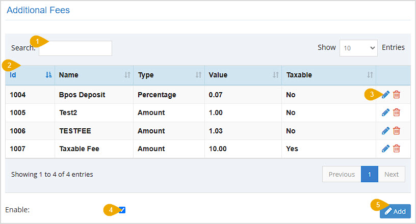 Image showing the Additional Fees area of the Accounting Settings page of the Bottle POS Admin with major features highlighted.