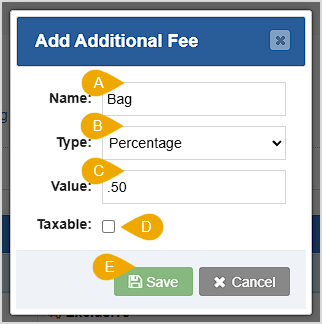 Image showing the Add Additional Fee window of the Accounting Settings page of the Bottle POS Admin with major features highlighted.