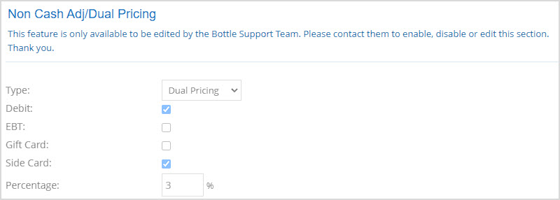 Image showing the Dual Pricing area of the Accounting Settings page of the Bottle POS Admin.