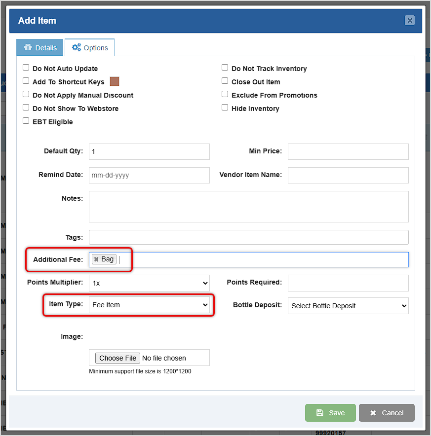 Image showing the Add Item window of the Bottle POS Admin with fee and item type functions highlighted.