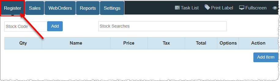 Image showing the Bottle POS Register with the Register tab in the upper left highlighted.