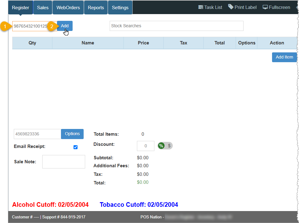 Image showing the barcode field and Add button in the Bottle POS Register app.