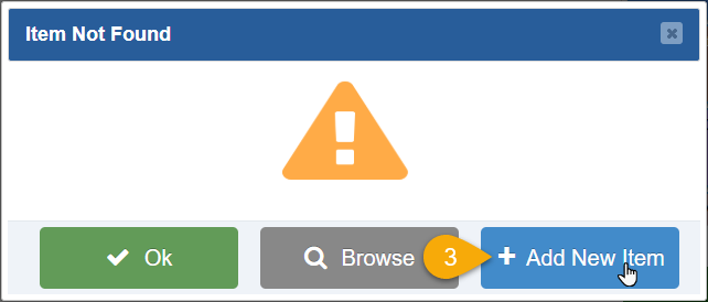 Image showing the Item Not Found window of the Bottle POS Register and highlighting the Add New Item button.