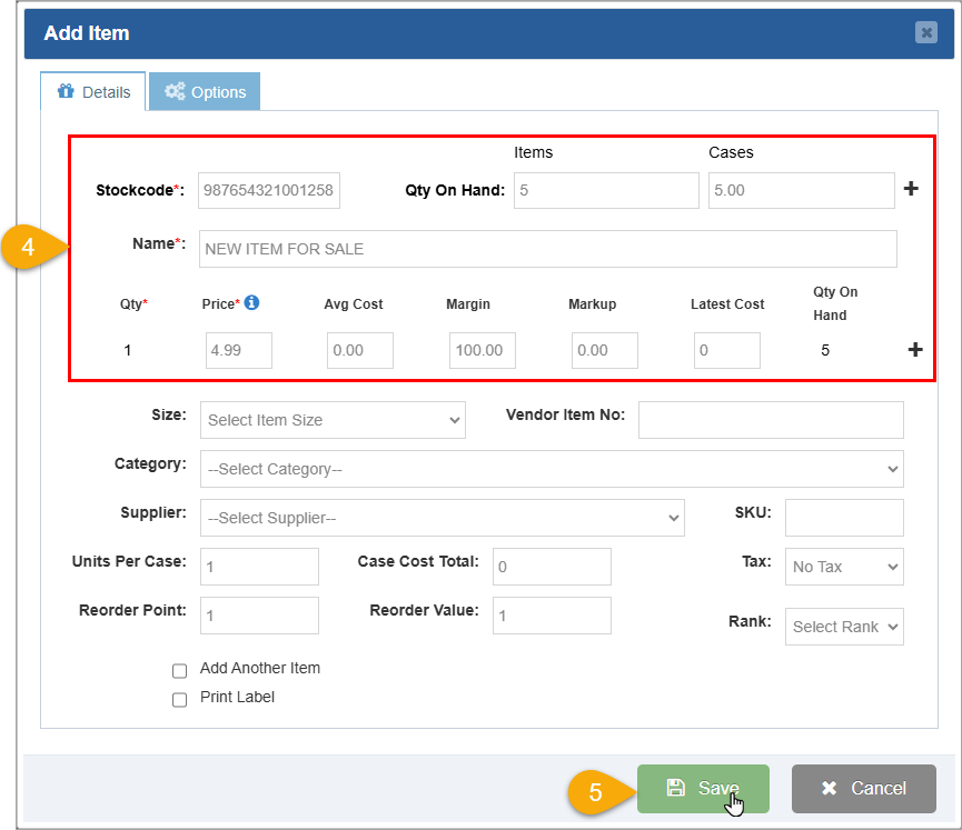 Image showing the Add Item window of the Bottle POS and highlighting the required information to create an item as a new item from the Register.