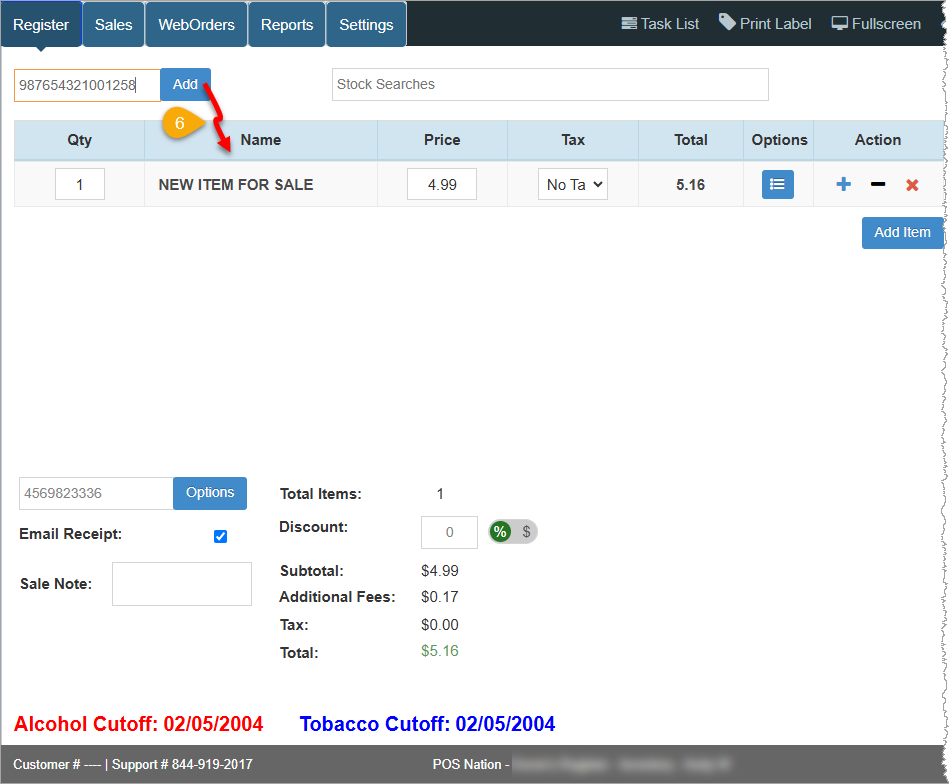 Image showing the Bottle POS Register with a newly added item being added to a transaction.