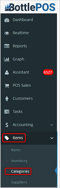 Image showing the Categories page of the Bottle POS Admin's main menu.