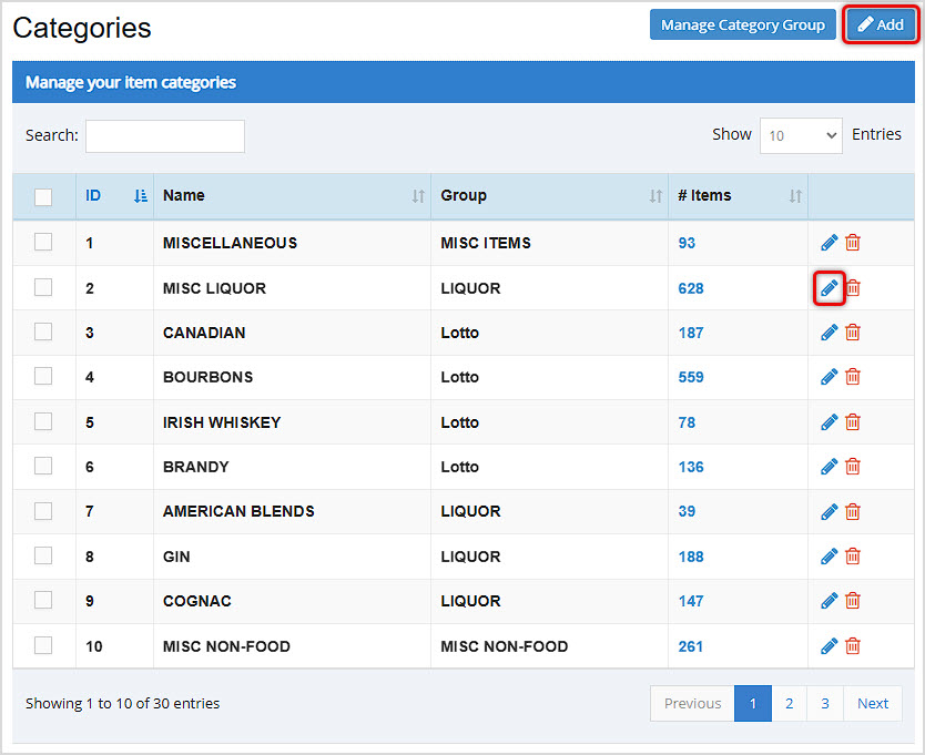 Image showing the Categories page of the Bottle POS Admin with add and edit features highlighted.