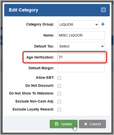 Image showing the Edit Category window of the Categories page of the Bottle POS Admin with the Age Verification setting highlighted.