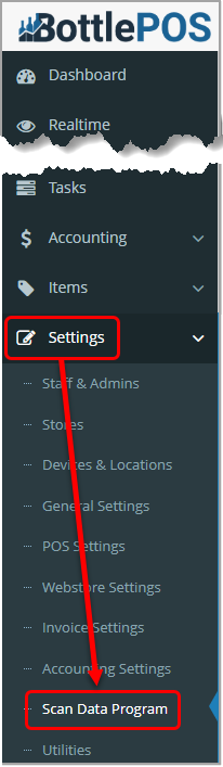 Image of the Bottle POS Admin main menu highlighting the Scan Data Program under the Settings area.