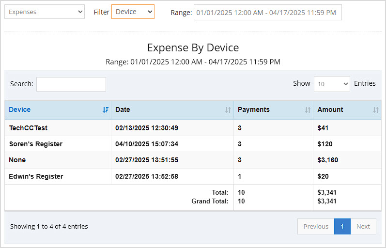 Image showing the Device view of the Bottle POS Admin appâs Expenses report.