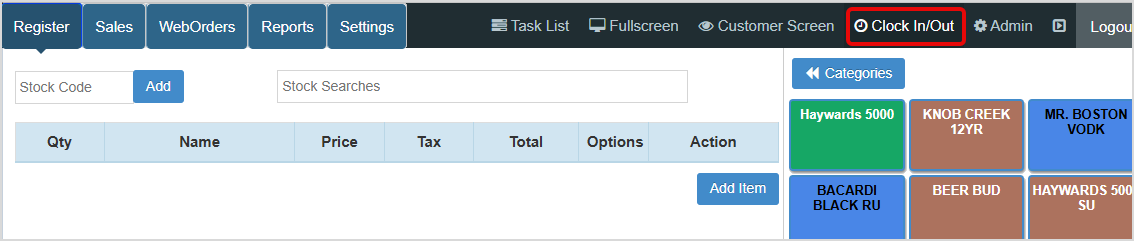 Register page of the Bottle POS highlighting the Clock In/Out button in the upper right.