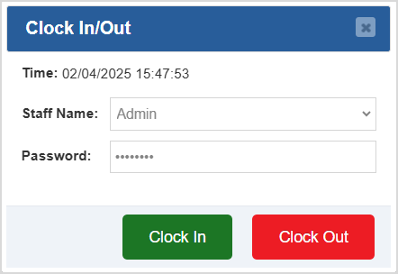 The Clock In / Out window of the Bottle POS showcasing the Time, Staff Name, and Password functions as well as the Clock In and Clock Out buttons.