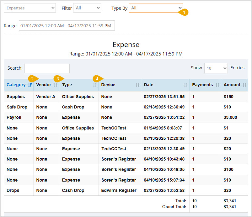By selecting the All filter, the Expense Report of the Bottle POS Admin app shows the Category, Vendor, and Device columns in the table.