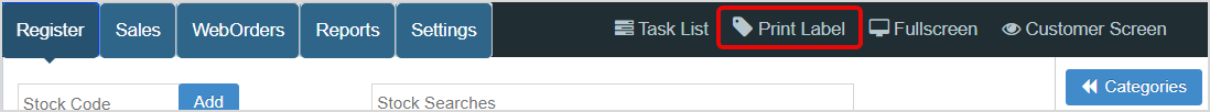 Image displaying the Print Label function at the top of the Register screen.
