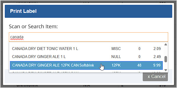Image showing an item search in the Print Label window of the Bottle POS App with an item highlighted.