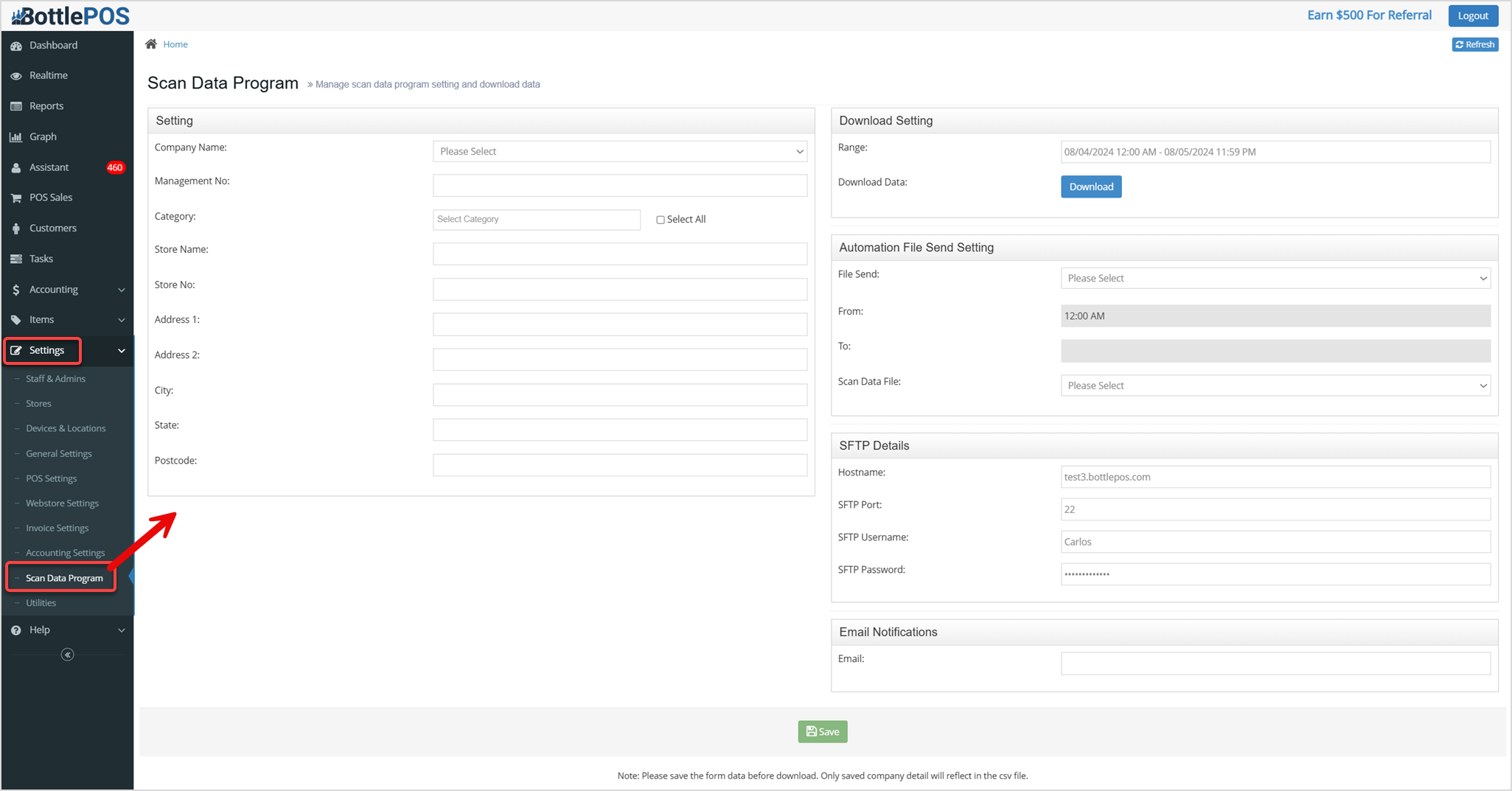 Image displaying the Scan Data program from the Settings area of the Bottle POS Admin app.