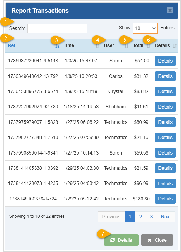 Image displaying the Report Transactions window in the Bottle POS highlighting the major functions.