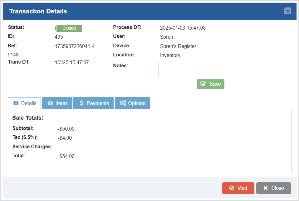 Image displaying the Transaction Details window of the Bottle POS Admin app.