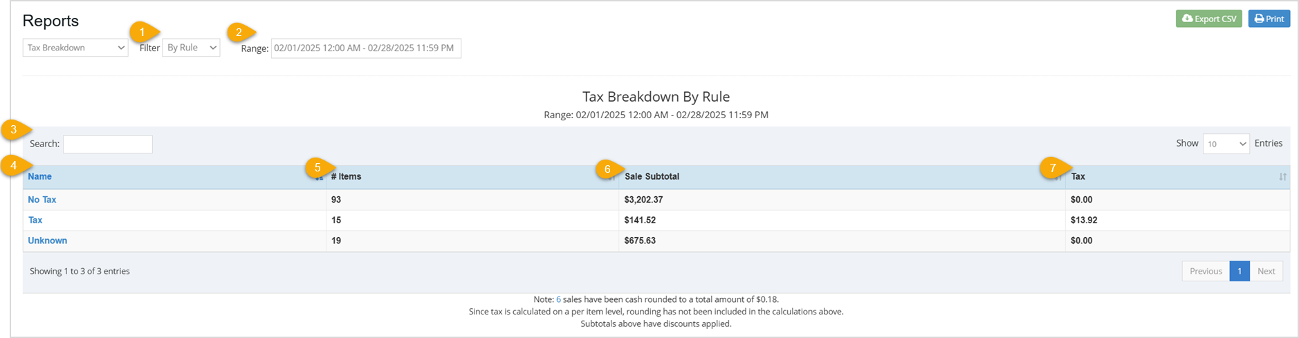 Window displaying the Tax Breakdown report of the Bottle POS Admin and the important functions on the page.