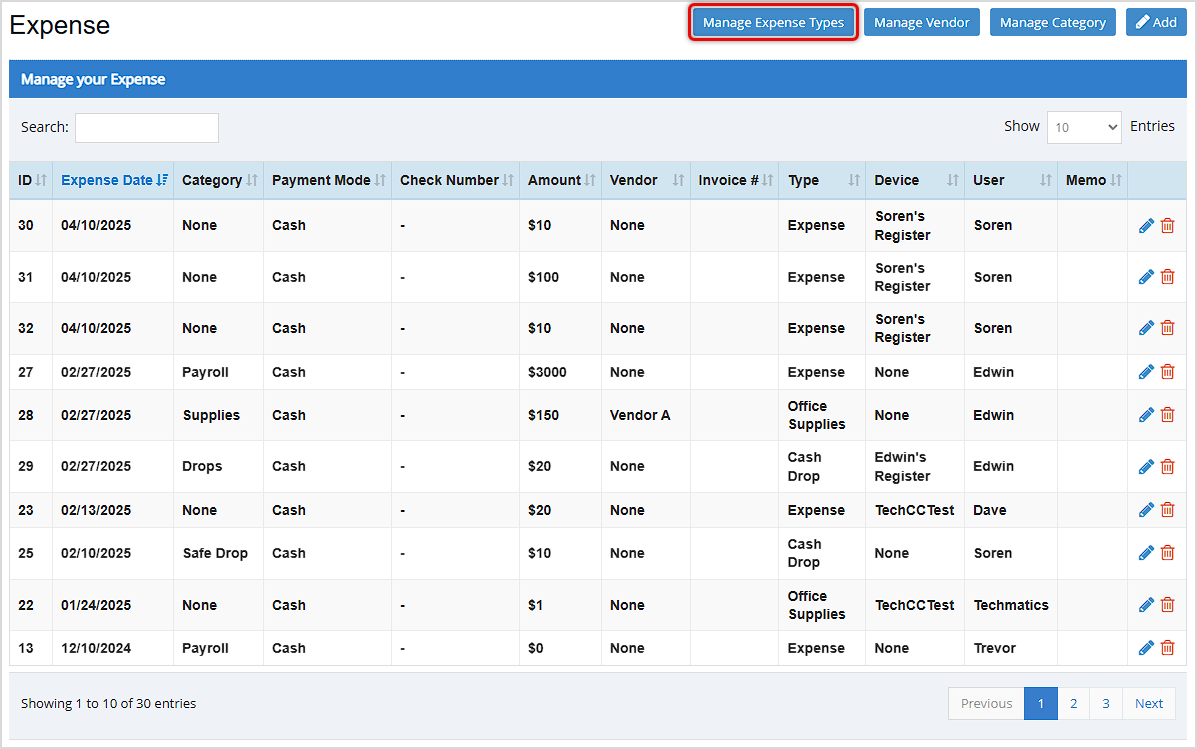 Image displaying the Expense window of the Bottle POS Admin, highlighting the Manage Expense Types button.