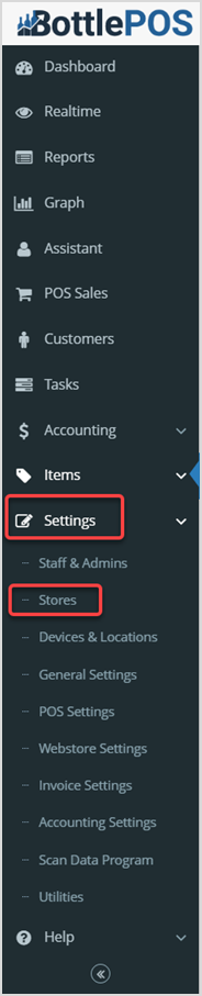 Image displaying the Settings tab in the Bottle POS Admin app as well as the Stores sub tab.