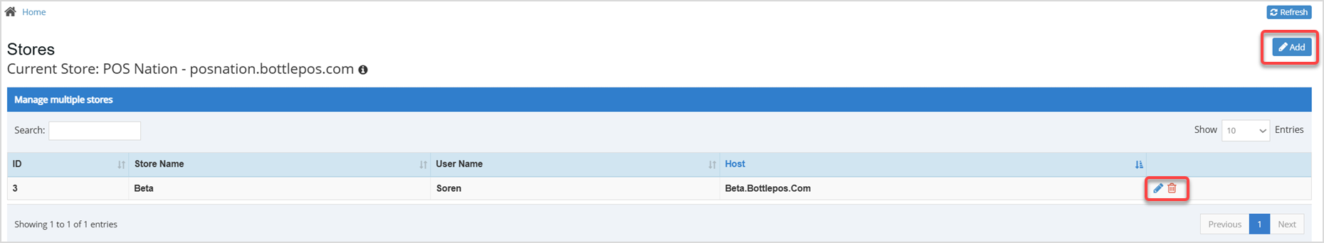 Image displaying the Stores page of the Bottle POS Admin app settings highlighting key functions of the Manage Multiple Stores area.