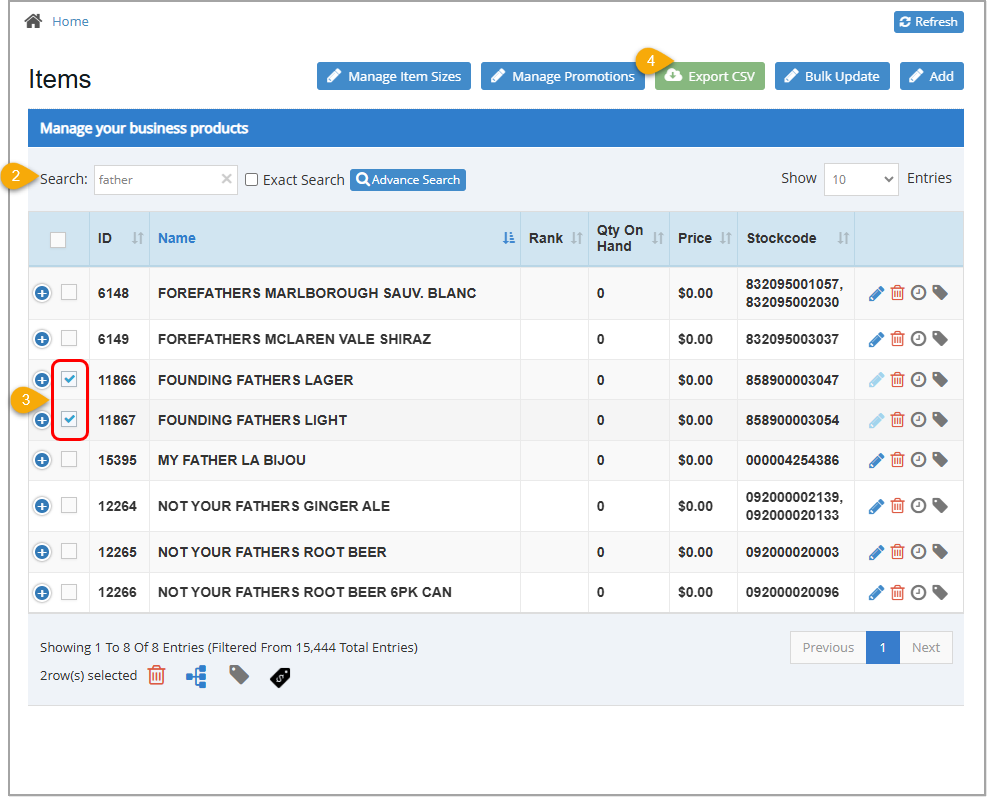 Image showing how to use the Items window to export a spreadsheet of inventory items from the Bottle POS Admin app.