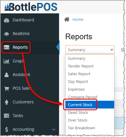 Image showing how to access the Current Stock Report in the Admin (or back office) app.