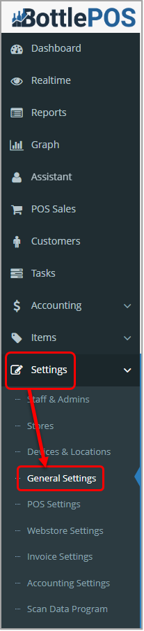 Image showing how to access the General Settings in the Bottle POS Admin app where you can set up loyalty points.