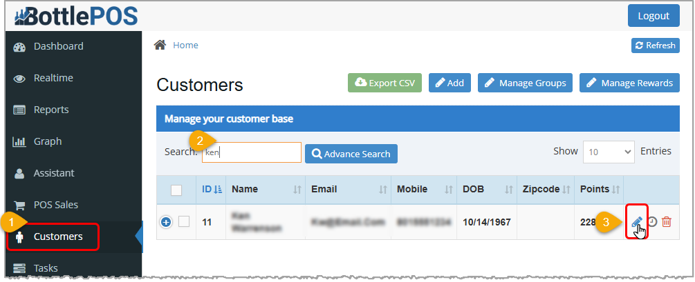 Image showing the Customers page of the Bottle POS Admin app and highlighting the pencil icon you can use to edit the customer's information.