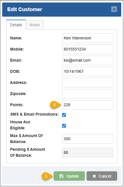 Image showing the Edit Customer window of the Bottle POS Admin app where you can manually alter a customer's loyalty points.
