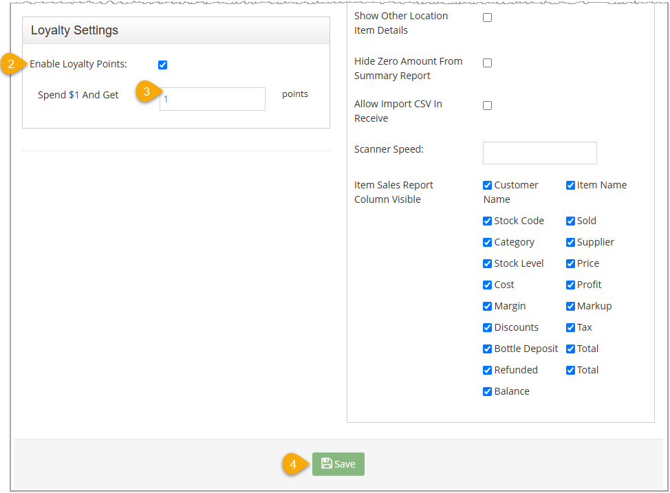 Image showing the Loyalty Settings area in General Settings page of the Bottle POS Admin app.