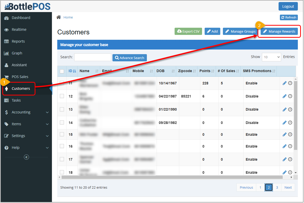 Image showing the Customers page of the Bottle POS Admin app with the Manage Rewards button highlighted.