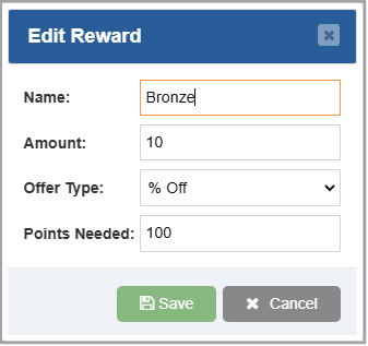 Image showing the Edit Reward window of the Bottle POS Admin where you can make changes to an existing loyalty reward.