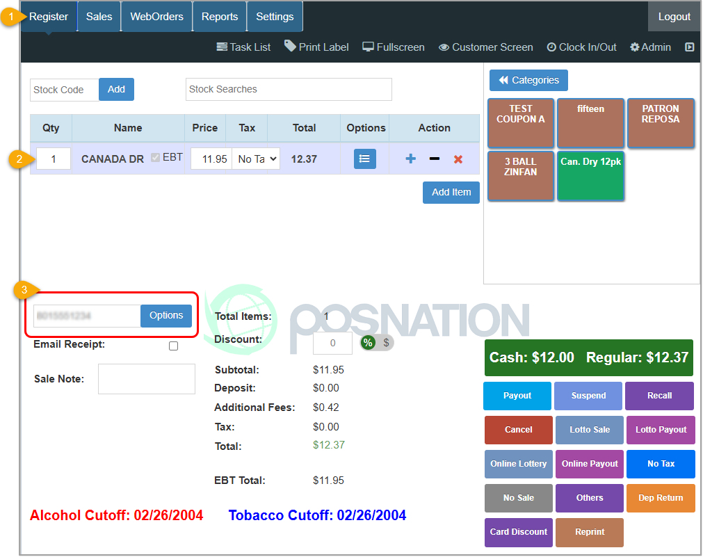Image showing the Bottle POS Register app and the first three steps of how to redeem customer loyalty reward points.