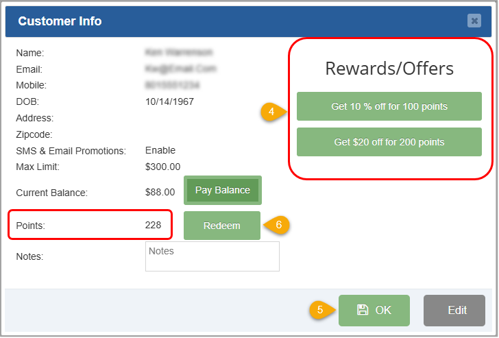 Image showing the Customer Info window of the Bottle POS Register where you can view and redeem a customer's loyalty points for rewards.