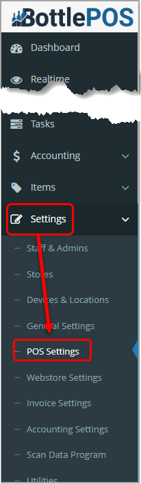 Image showing the POS Settings link in the Bottle POS Admin app's main menu.