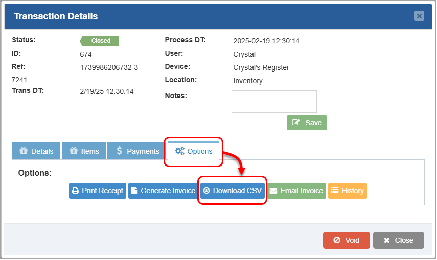 Image showing how to download a transaction to a spreadsheet file from the Transaction Details window of the Admin app.