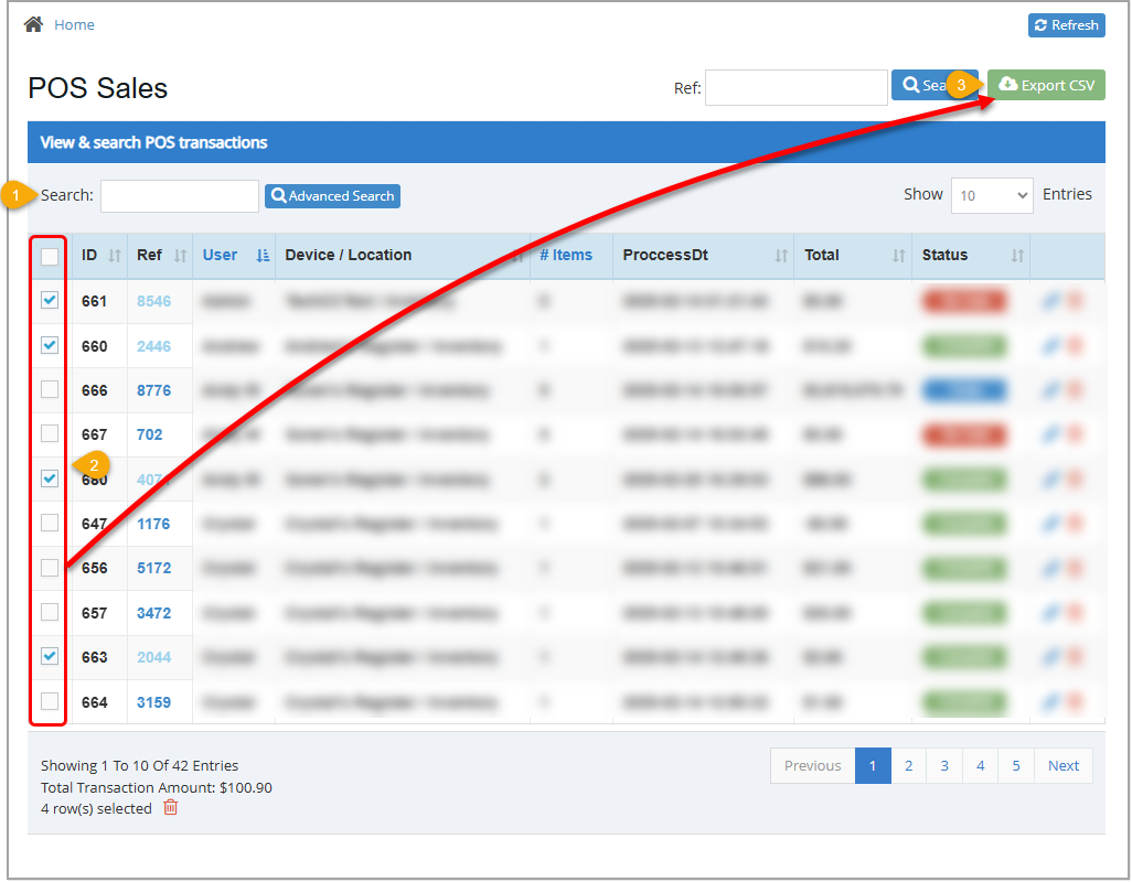Image showing the method to download multiple transactions to a spreadsheet file from the Admin appâs POS Sales page.