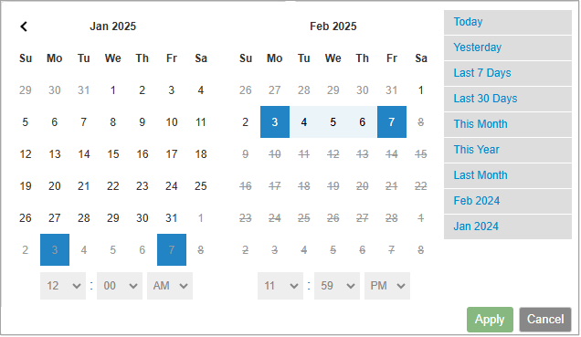 Image showing an example of the calendar selection used for reporting in the Bottle POS Admin app.