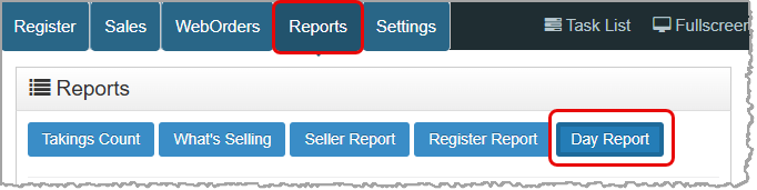 Image showing how to access the Day Report in the Bottle POS Register app.