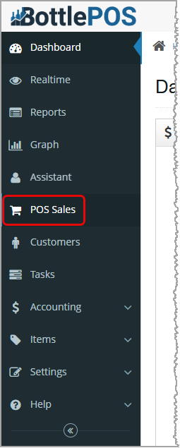 See in this image how to go to the POS Sales area in the Bottle POS Admin main menu.