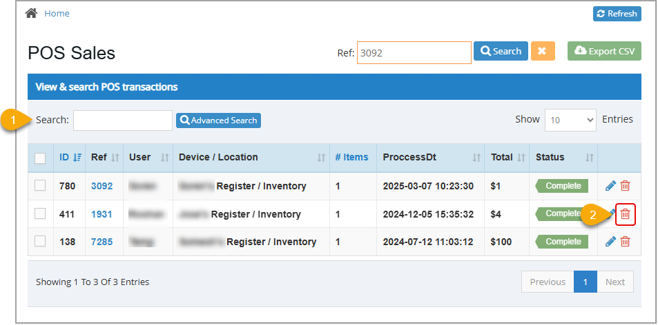 Image showing how to delete a transaction from the POS Sales area of the Bottle POS Admin app.